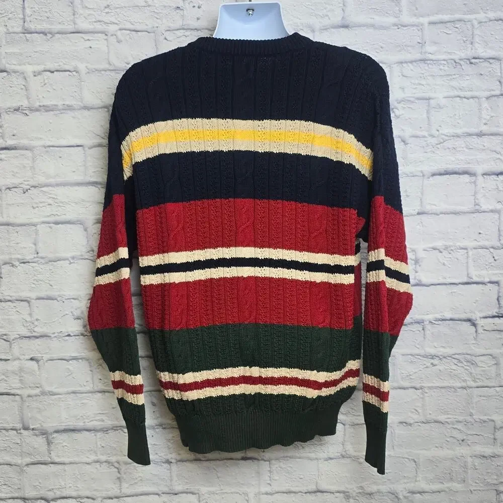 Vintage Nautica Sweater Mens Large Stripe Cable Knit Crew Neck Navy Multi Color - Picture 2 of 16